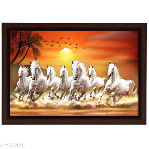 Masstone Lucky Seven Running Horses Vastu UV Matt Textured Framed Digital Reprint 20 inch x 14 inch Painting