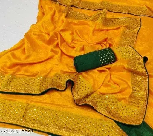 Juhi Collection Assam Satin Silk Yellow Mirror Work Saree With Blouse