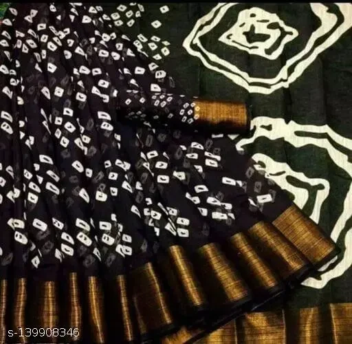 Radhe Shyam Creations Black Colour Bhandani Print Cotton Blend Zari Women Saree With Running Blouse. Daily Wear Saree 6m Length