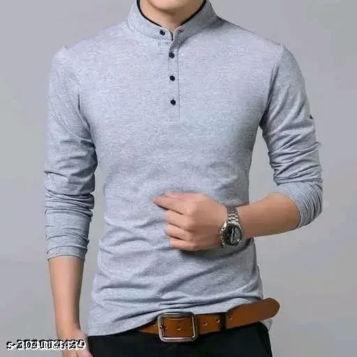 Men Fashion Solid Mandarin Collar Polyester T-Shirt | Men Full Sleeve Casual Regular Fit T Shirt | Stylish Trendy Solid Men Mandarin Collar Full Sleeves Combo T-Shirt for Men | Mandarin collar t-shirt