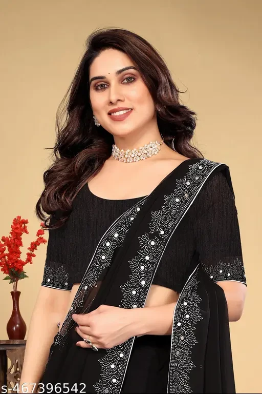 Women's Georgette Handloom Diamond Work Saree with Separate Blouse Piece